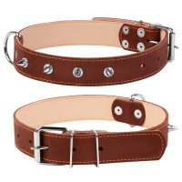Ошейник двойной CoLLaR с шипами коричневый, кожа, Размер: L (47-62 см)