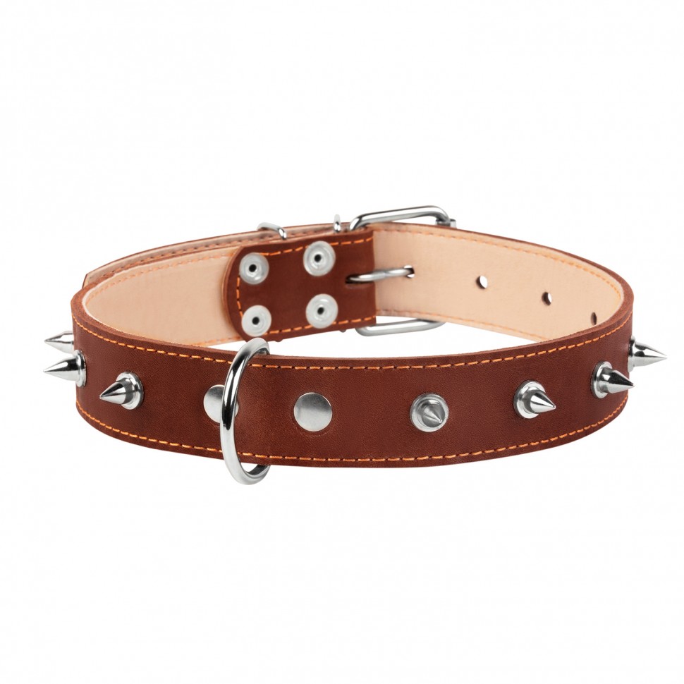 Ошейник двойной CoLLaR с шипами коричневый, кожа, Размер: L (47-62 см)