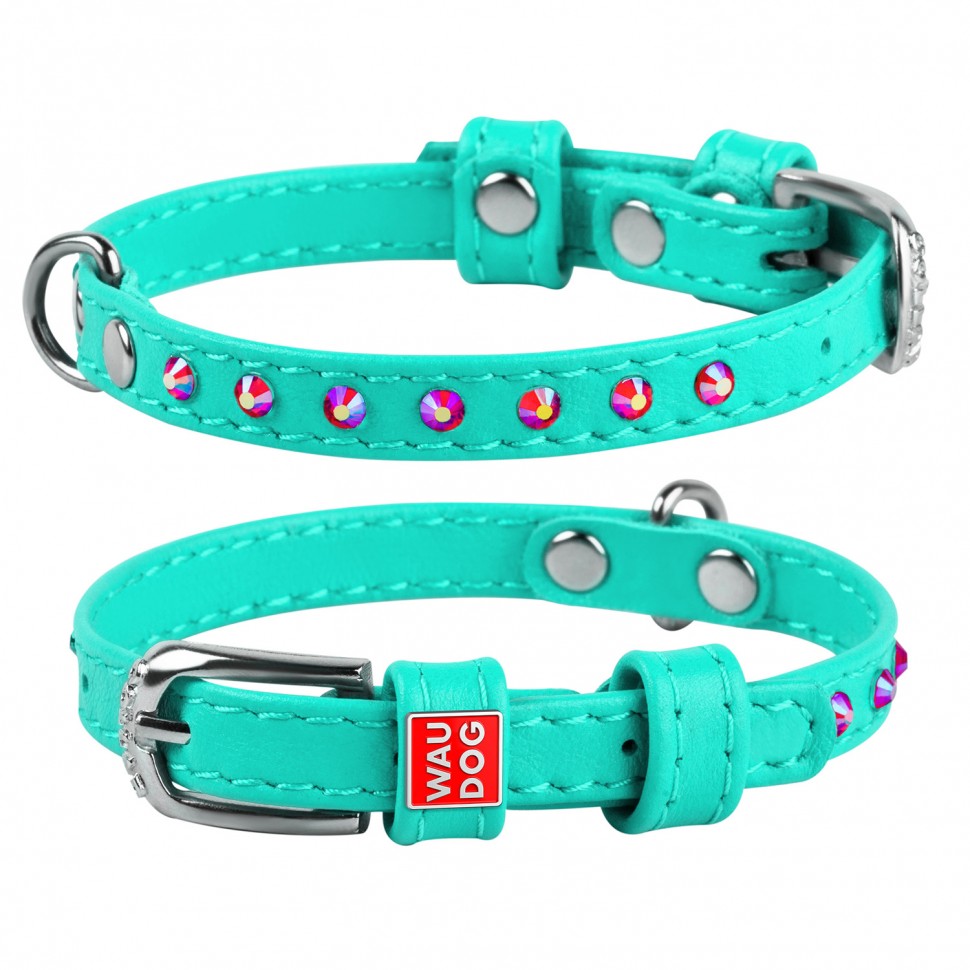 Ошейник WAUDOG Glamour с клеевыми стразами Ментоловый, кожа, Размер: XS (19-25 см)