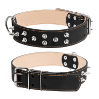 Ошейник двойной CoLLaR с шипами черный, кожа, Размер: XL (57-69 см)