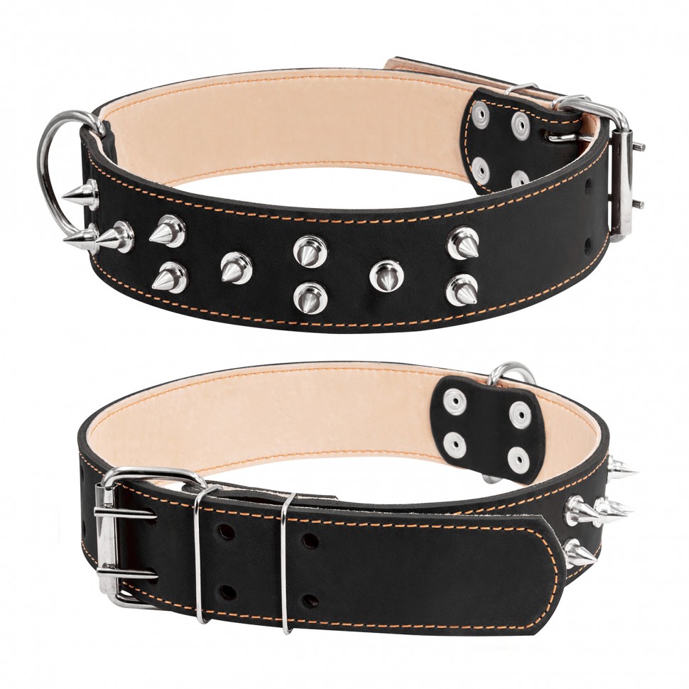 Ошейник двойной CoLLaR с шипами черный, кожа, Размер: XL (57-69 см)