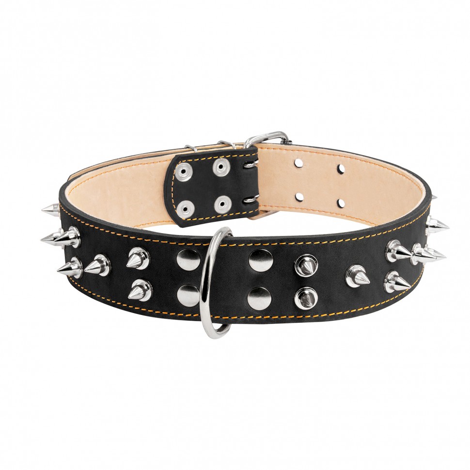 Ошейник двойной CoLLaR с шипами черный, кожа, Размер: XL (57-69 см)