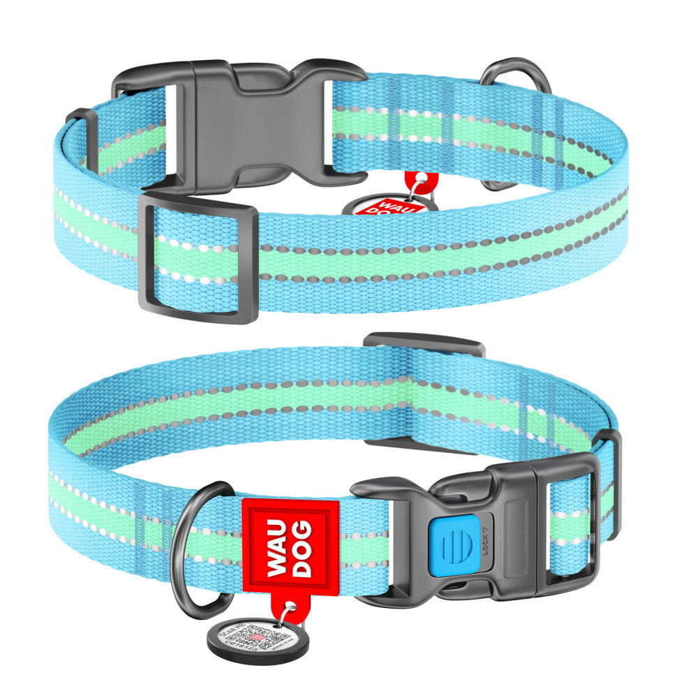 Ошейник WAUDOG Nylon с QR паспортом, светящийся, пластиковый фастекс Голубой, нейлон, Размер: S (24-40  см)