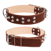 Ошейник двойной CoLLaR с шипами коричневый, кожа, Размер: XL (57-69 см)