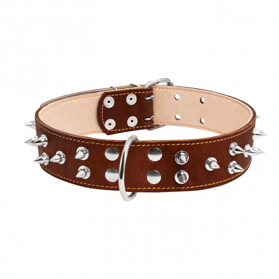 Ошейник двойной CoLLaR с шипами коричневый, кожа, Размер: XL (57-69 см)