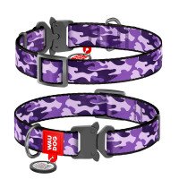 Ошейник WAUDOG Nylon с QR паспортом, рисунок "Фиолетовый камо", металлическая пряжка-фастекс  Разноцветный, Нейлон, Размер:  (23-35  см)