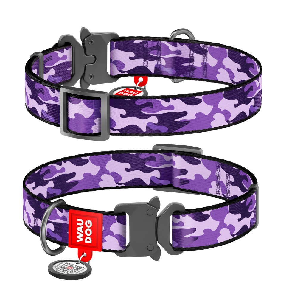 Ошейник WAUDOG Nylon с QR паспортом, рисунок "Фиолетовый камо", металлическая пряжка-фастекс  Разноцветный, Нейлон, Размер:  (24-40  см)