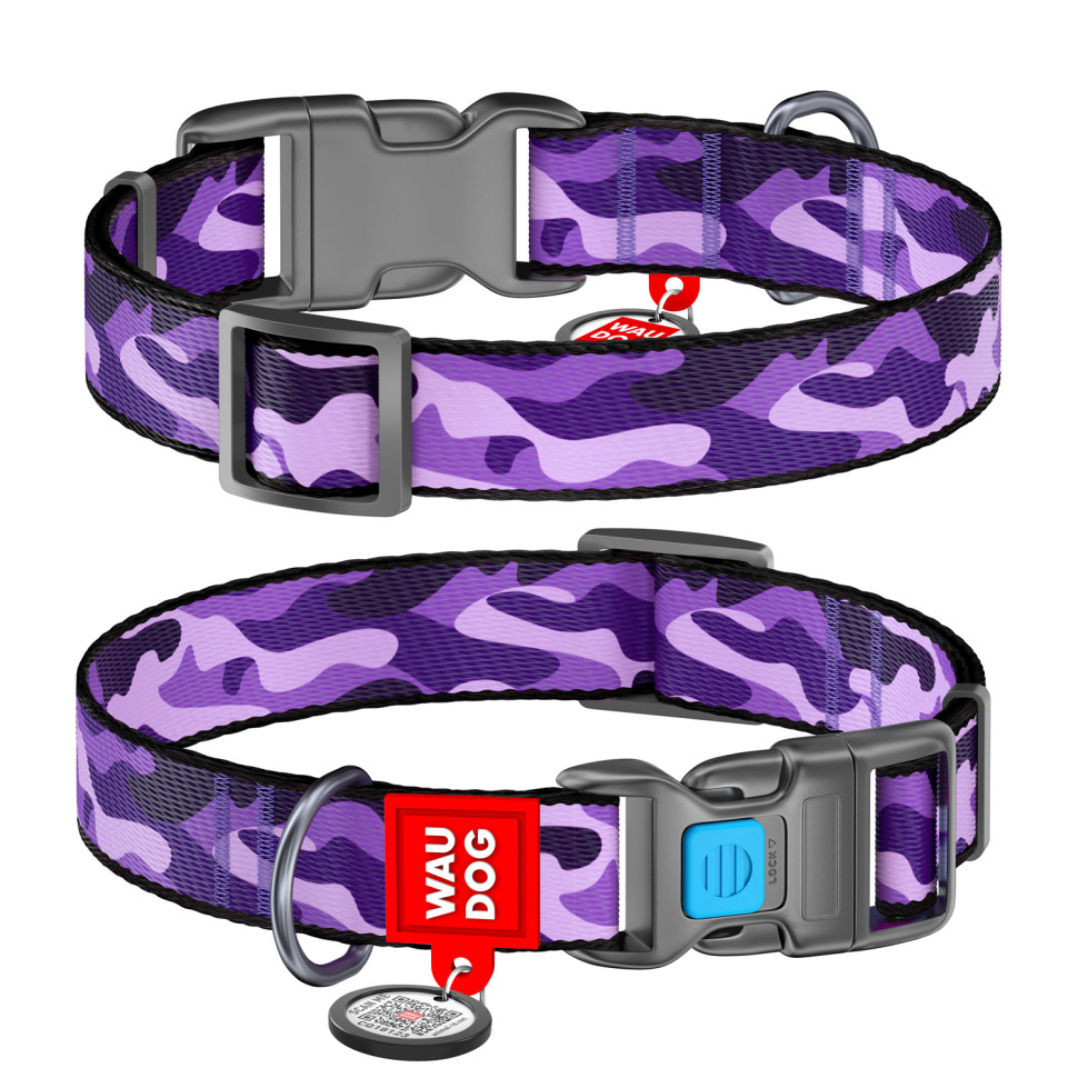 Ошейник WAUDOG Nylon с QR паспортом, рисунок "Фиолетовый камо", пластиковый фастекс Разноцветный, Нейлон, Размер: XS (23-35  см)