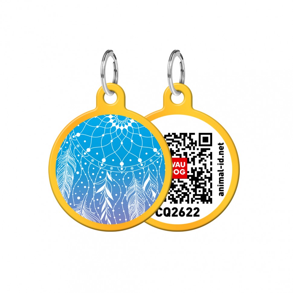 Адресник WAUDOG Smart ID с QR паспортом, рисунок "Ловец снов", круг, 25 мм, золото