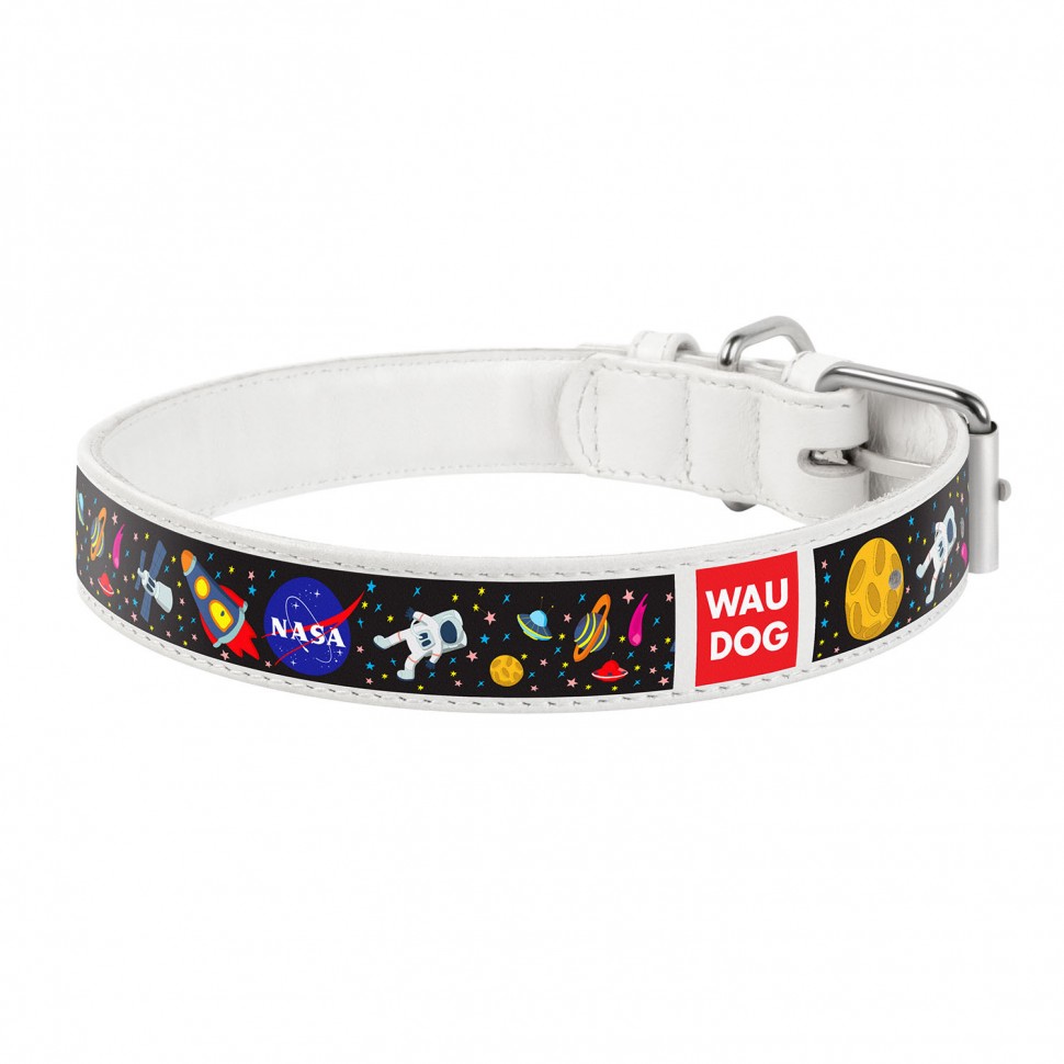 Ошейник WAUDOG Design, рисунок "NASA"  Белый, кожа, Размер: XS (18-24  см)