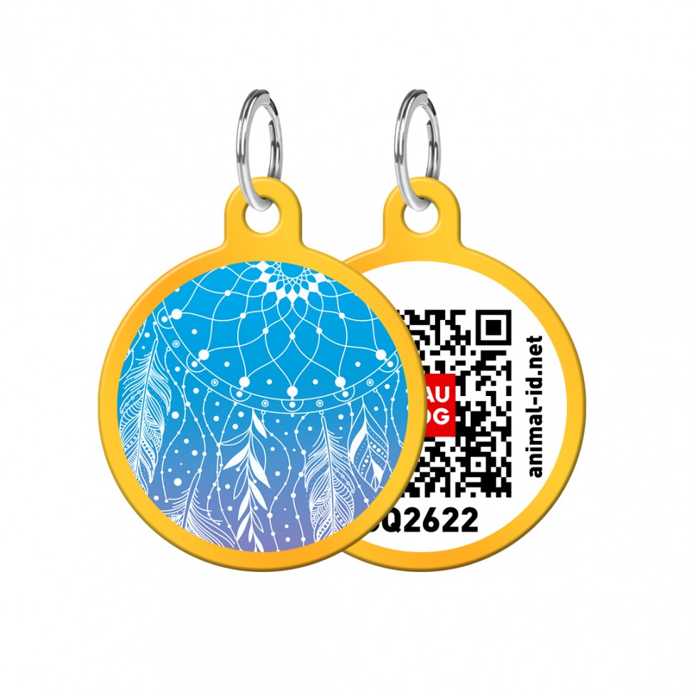 Адресник WAUDOG Smart ID с QR паспортом, рисунок "Ловец снов", круг, 30 мм, золото