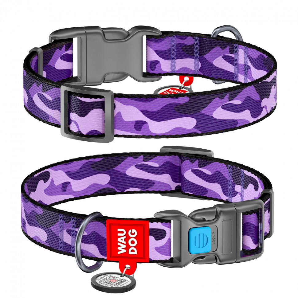 Ошейник WAUDOG Nylon с QR паспортом, рисунок "Фиолетовый камо", пластиковый фастекс Разноцветный, Нейлон, Размер: L (35-58  см)