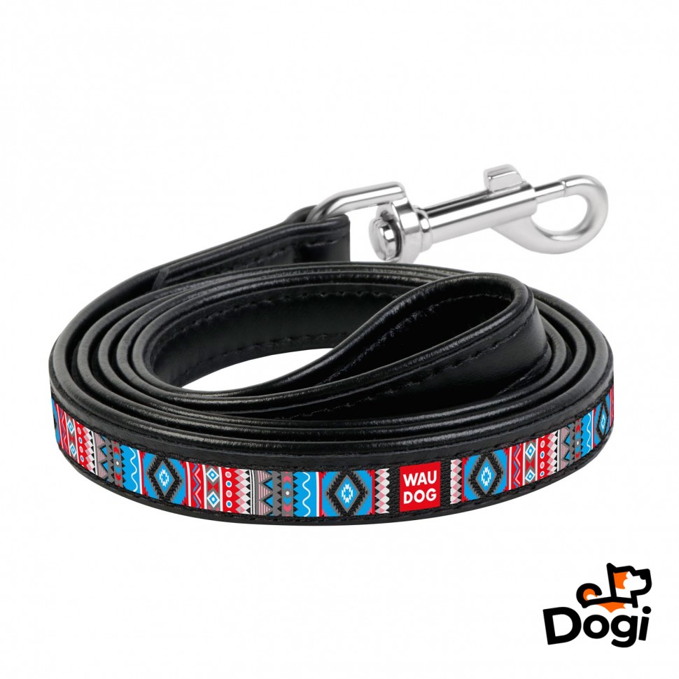 Поводок WAUDOG Design, рисунок "Этно"  Черный, кожа (136 см)