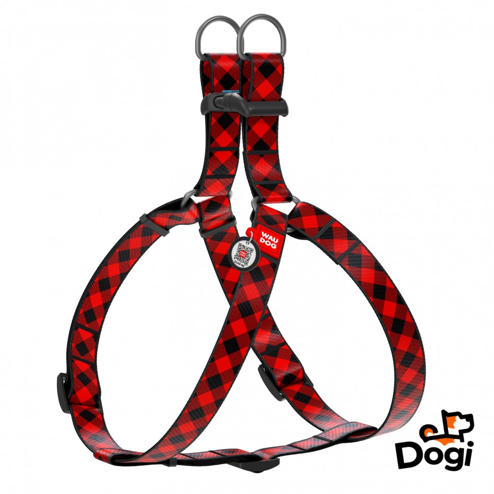 Шлея WAUDOG Nylon с QR паспортом, рисунок "Шотландка красная"  Разноцветный, нейлон, Обхват груди 40-55 см