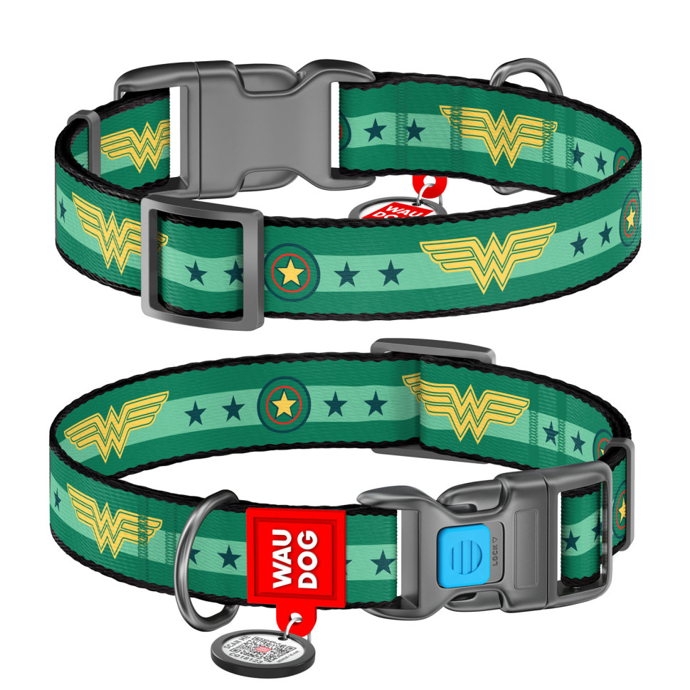 Ошейник WAUDOG Nylon с QR паспортом, рисунок "Чудо-женщина 2", пластиковая пряжка-фастекс  Разноцветный, Нейлон, Размер: M (31-49  см)
