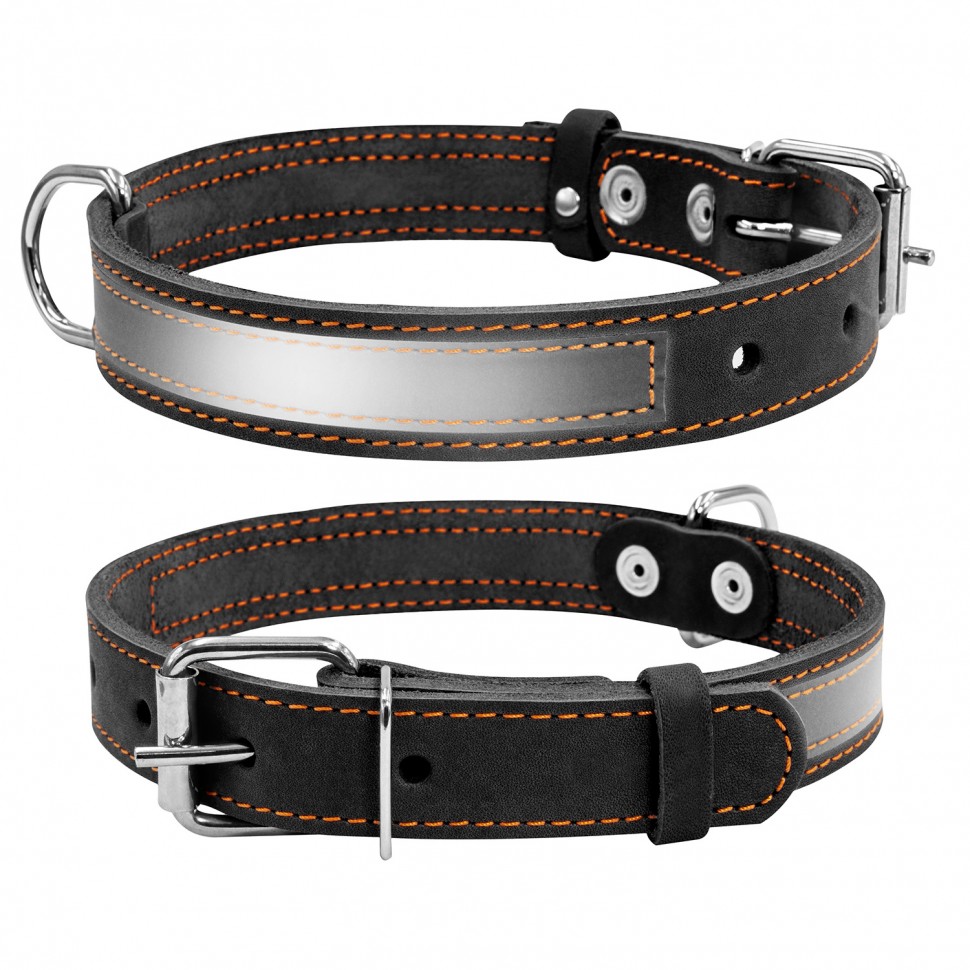 Ошейник CoLLaR со светоотражающей лентой  черный, кожа, Размер: s (32-40 см)