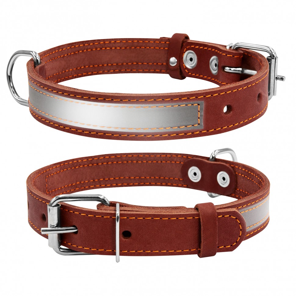 Ошейник CoLLaR со светоотражающей лентой  коричневый, кожа, Размер: s (32-40 см)