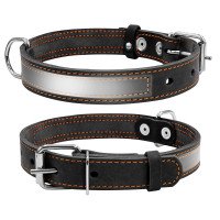 Ошейник CoLLaR со светоотражающей лентой  черный, кожа, Размер: M (38-50 см)