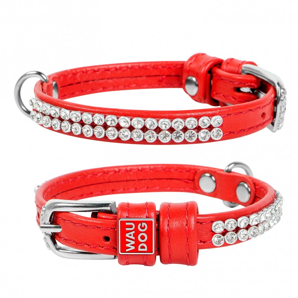 Ошейник WAUDOG Glamour "Полотно стразы" Красный, кожа, Размер: XS (18-21 см)