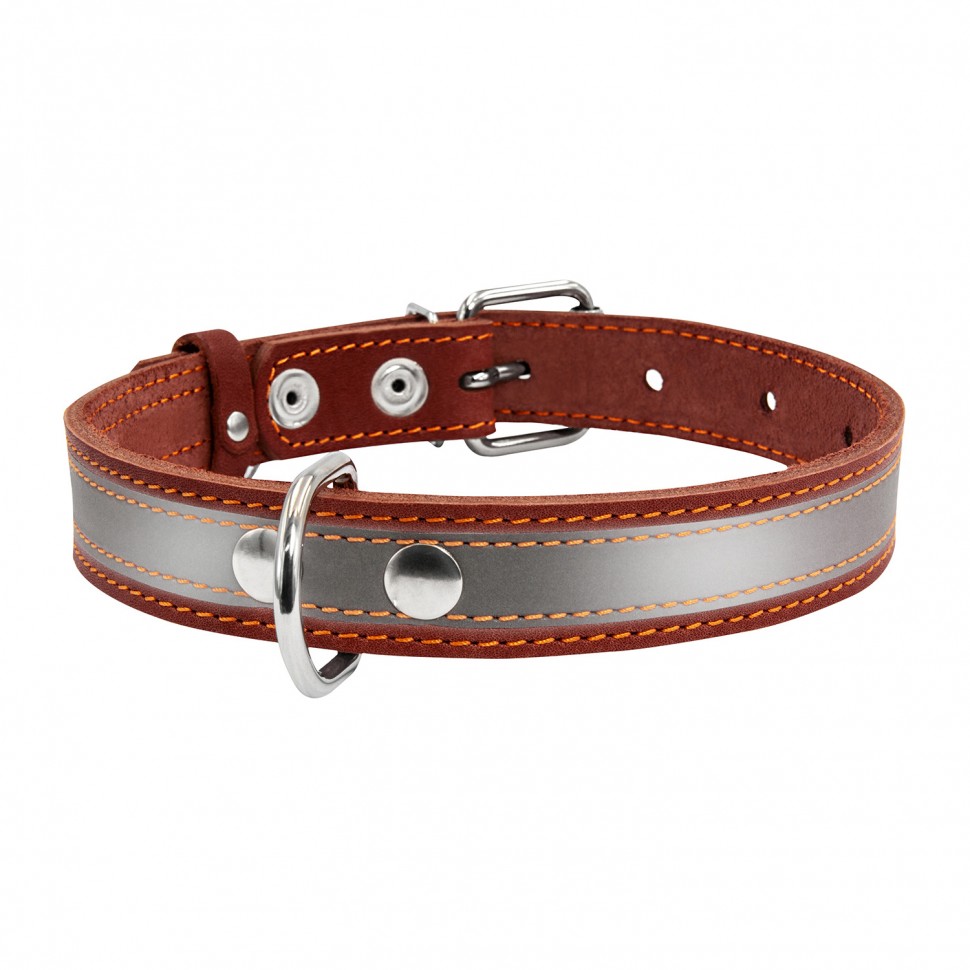 Ошейник CoLLaR со светоотражающей лентой  коричневый, кожа, Размер: M (38-50 см)