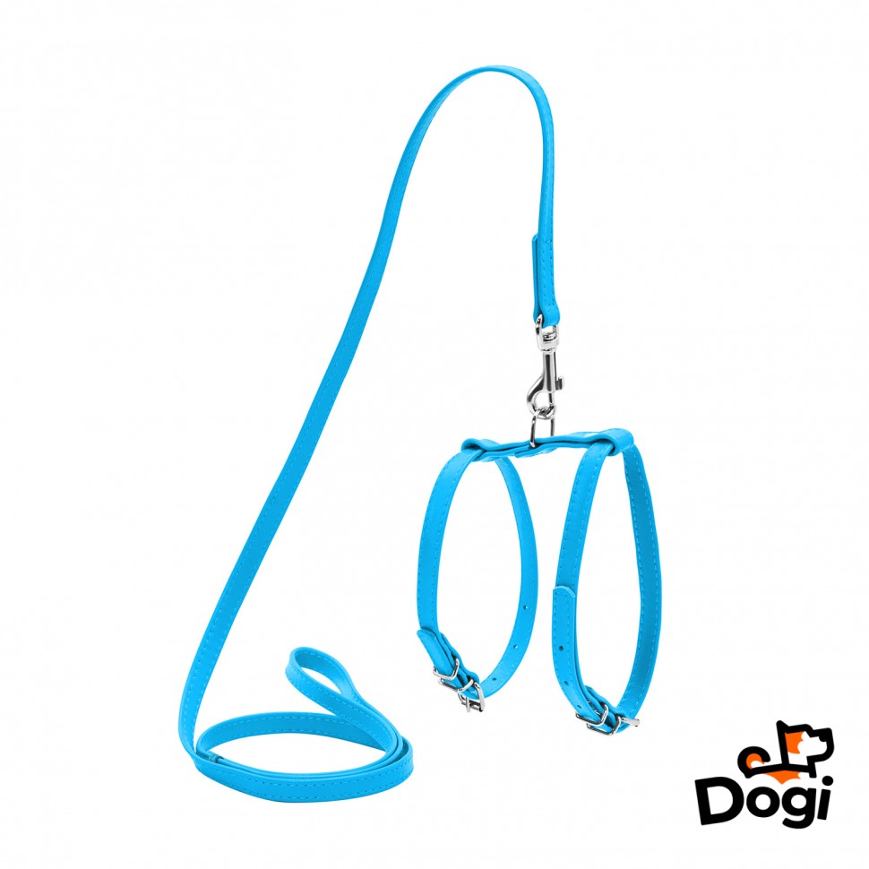 Шлея WAUDOG Glamour с поводком для кошек и мелких собак Голубой, кожа, Обхват груди 30-40 см