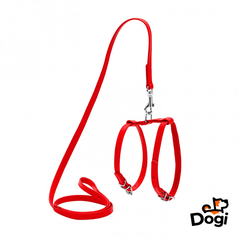 Шлея WAUDOG Glamour с поводком для кошек и мелких собак Красный, кожа, Обхват груди 30-40 см