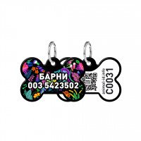 Адресник WAUDOG Smart ID с QR паспортом, рисунок "Волшебные цветы", кость, 31х21 мм, черный