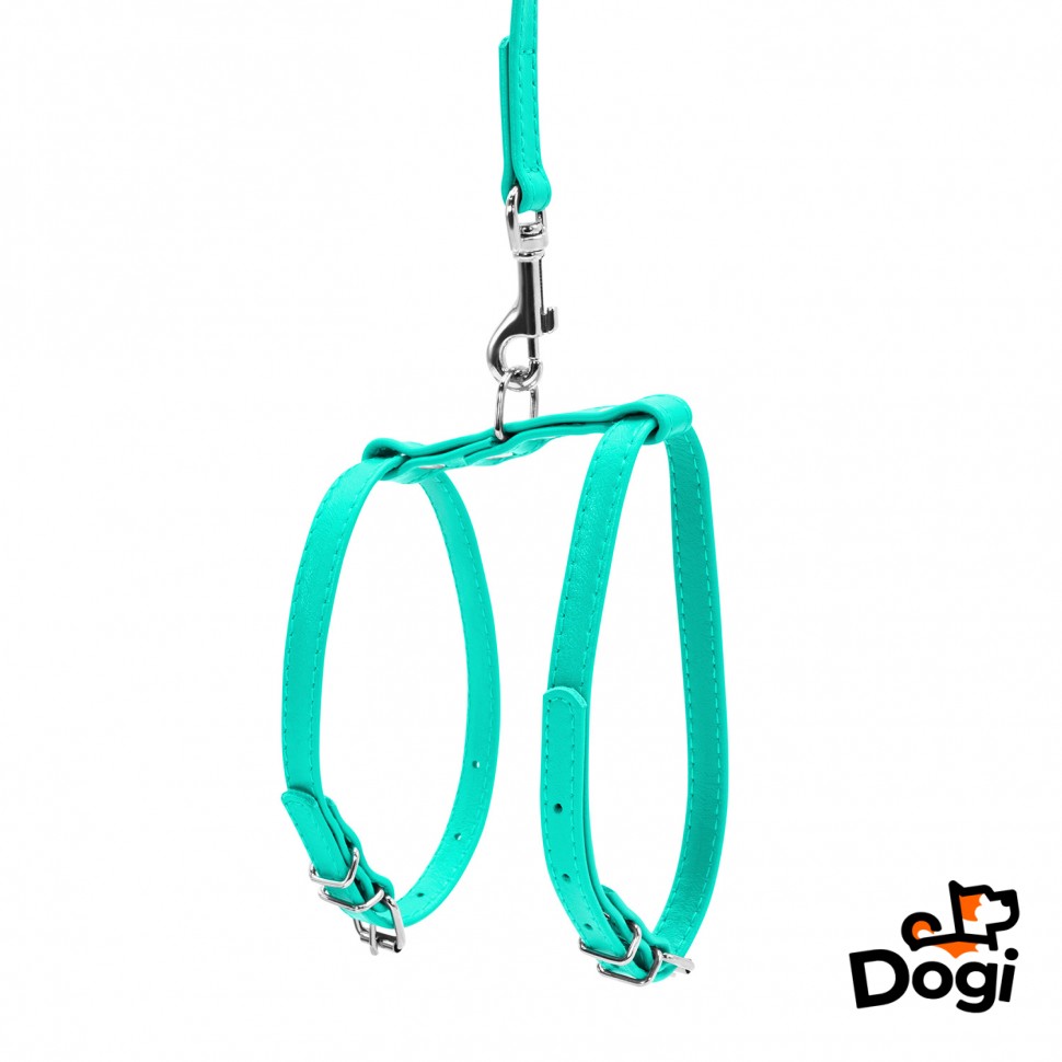 Шлея WAUDOG Glamour с поводком для кошек и мелких собак Ментоловый, кожа, Обхват груди 35-43 см