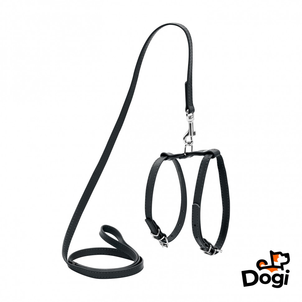 Шлея WAUDOG Glamour с поводком для кошек и мелких собак Черный, кожа, Обхват груди 35-43 см