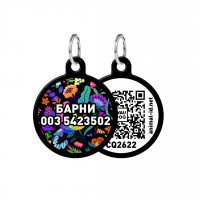 Адресник WAUDOG Smart ID с QR паспортом, рисунок "Волшебные цветы", круг, 25 мм, черный