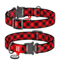 Ошейник WAUDOG Nylon с QR паспортом, рисунок "Шотландка красная", металлическая пряжка-фастекс   Разноцветный, Нейлон, Размер:  (35-58  см)