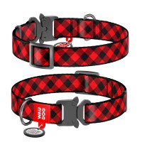 Ошейник WAUDOG Nylon с QR паспортом, рисунок "Шотландка красная", металлическая пряжка-фастекс   Разноцветный, Нейлон, Размер:  (35-58  см)