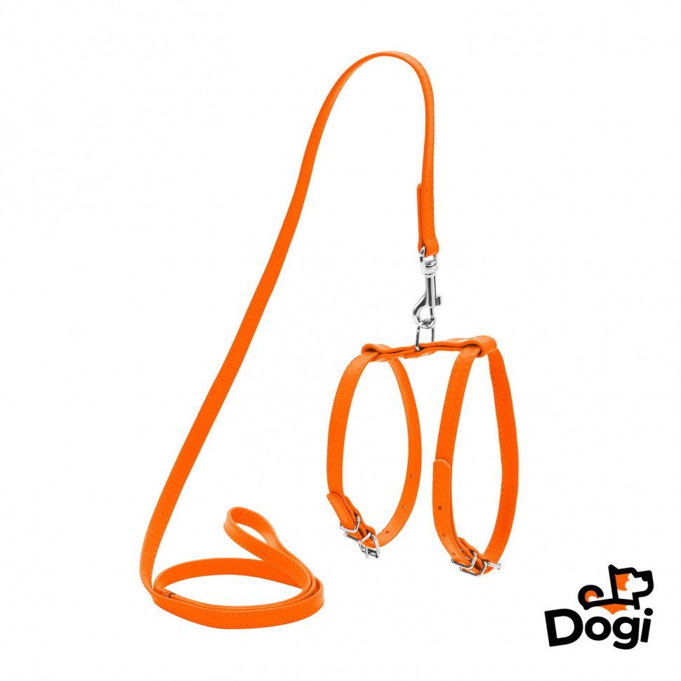 Шлея WAUDOG Glamour с поводком для кошек и мелких собак Оранжевый, кожа, Обхват груди 35-43 см