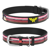 Ошейник WAUDOG Design, рисунок "Чудо-женщина", металлическая пряжка черный, кожа, Размер: XS (19-25 см)
