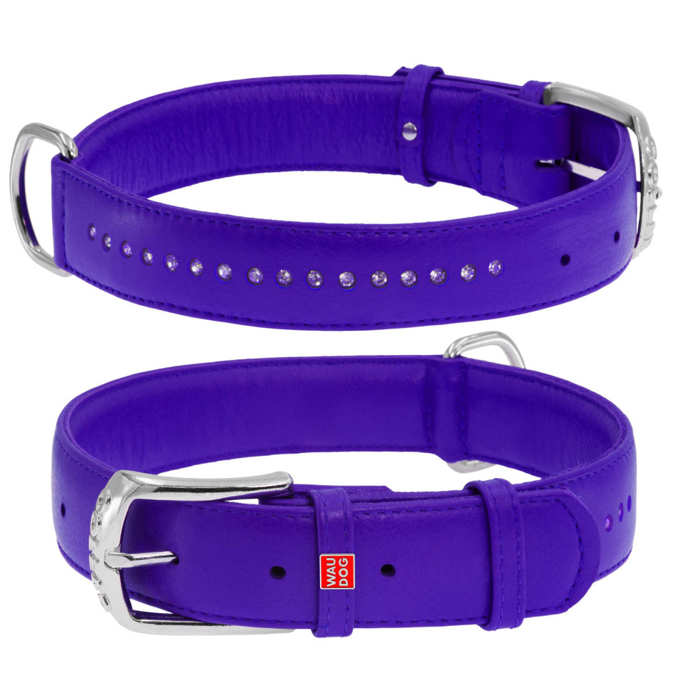 Ошейник WAUDOG Glamour со стразами маленькими  Фиолетовый, кожа, Размер: M (38-49 см)