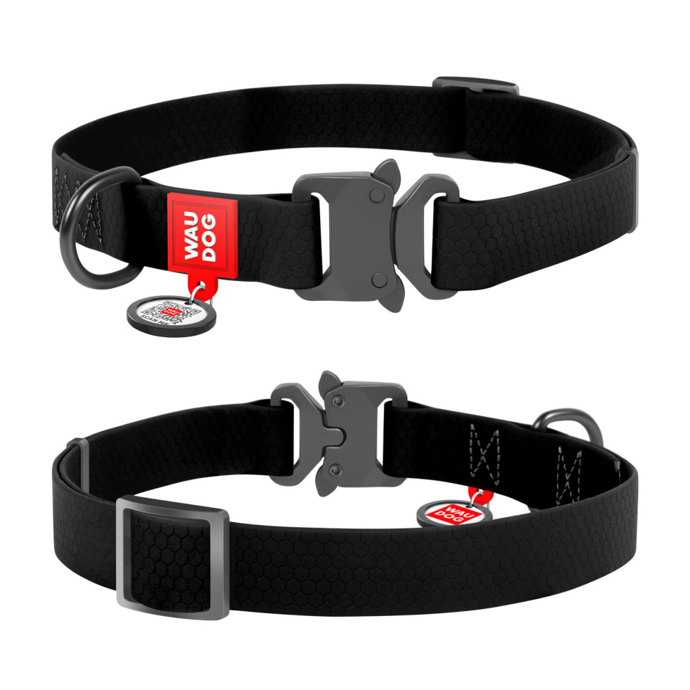 Ошейник WAUDOG Waterproof с QR паспортом, водостойкий, металлическая пряжка-фастекс черный , COLLARTEX, Размер: S (24-40  см)