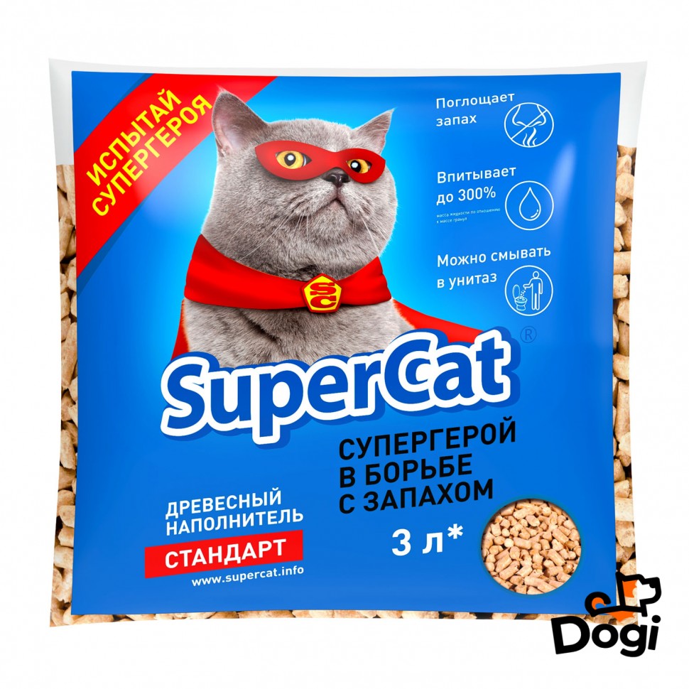 Наполнитель древесный SuperCat СТАНДАРТ, 1 кг, Без запаха, 3546
