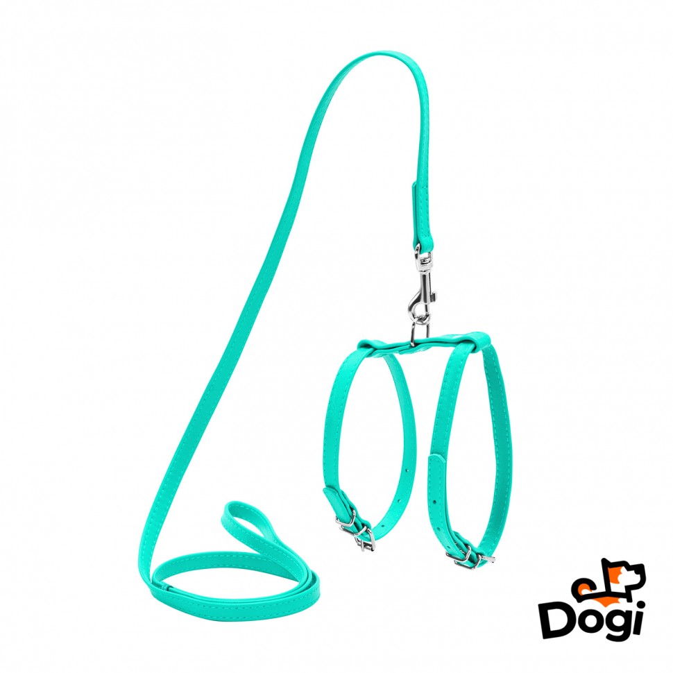 Шлея WAUDOG Glamour с поводком для кошек и мелких собак Ментоловый, кожа, Обхват груди 60-80 см