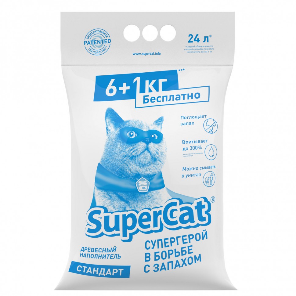 Наполнитель древесный SuperCat СТАНДАРТ, 6+1 кг, Без запаха, 5995