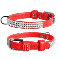Ошейник WAUDOG Glamour "Полотно стразы" Красный, кожа, Размер: XS (21-29 см)