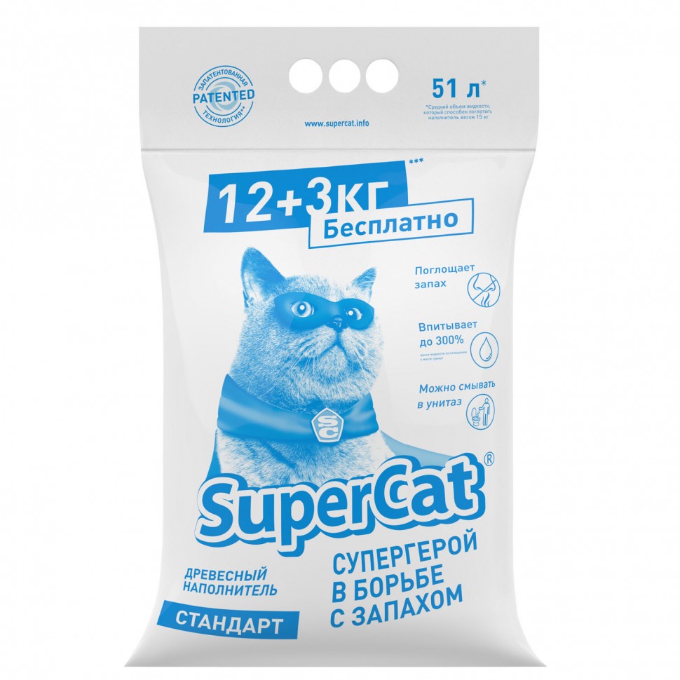 Наполнитель древесный SuperCat СТАНДАРТ, 12+3 кг, Без запаха, 5159