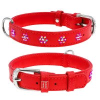 Ошейник WAUDOG Glamour с клеевыми стразами "Цветочек" Красный, кожа, Размер: S (30-39 см)