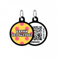 Адресник WAUDOG Smart ID с QR паспортом, рисунок "Желтая полька", круг, 25 мм, черный