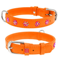 Ошейник WAUDOG Glamour с клеевыми стразами "Цветочек" Оранжевый, кожа, Размер: S (30-39 см)