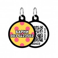 Адресник WAUDOG Smart ID с QR паспортом, рисунок "Желтая полька", круг, 30 мм, черный