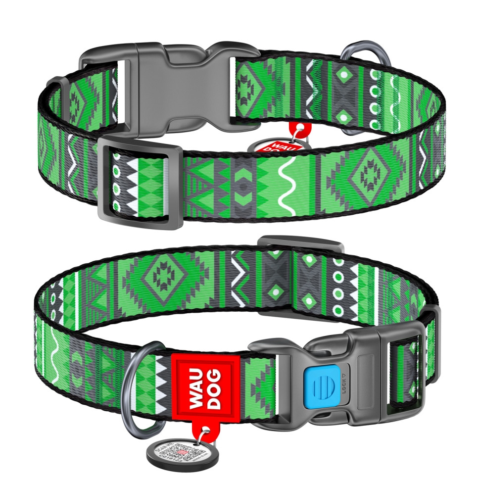 Ошейник WAUDOG Nylon с QR паспортом, рисунок "Этно зелёный", пластиковый фастекс Разноцветый, нейлон, Размер: XS (23-35  см)