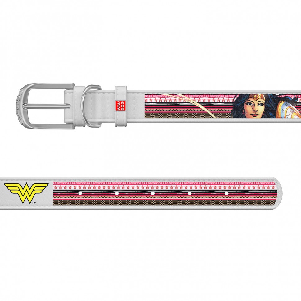 Ошейник WAUDOG Design, рисунок "Чудо-женщина", металлическая пряжка белый, кожа, Размер: М (38-49 см)