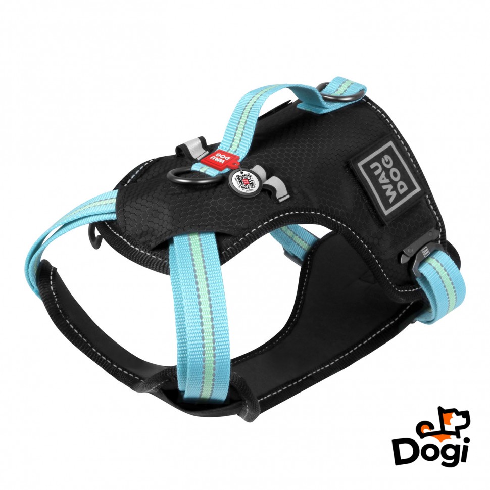 Шлея WAUDOG Nylon с QR паспортом, безопасная, металлическая пряжка-фастекс Голубой, Нейлон, Обхват груди 80-100 см