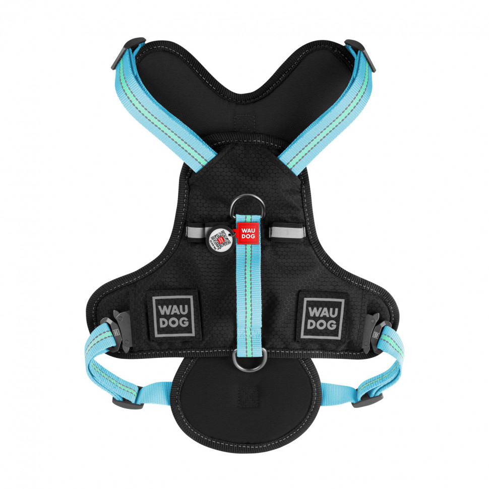Шлея WAUDOG Nylon с QR паспортом, безопасная, металлическая пряжка-фастекс Голубой, Нейлон, Обхват груди 80-100 см