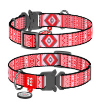 Ошейник WAUDOG Nylon с QR паспортом, рисунок "Этно красный", металлическая пряжка-фастекс Красный, Нейлон, Размер:  (23-35  см)
